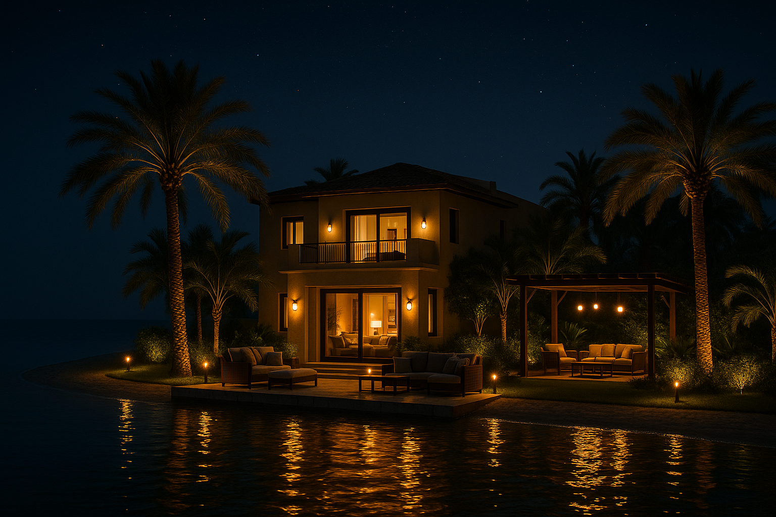 Luxurious Middle Eastern majlis with ornate wood carvings, crystal chandelier, and plush seating