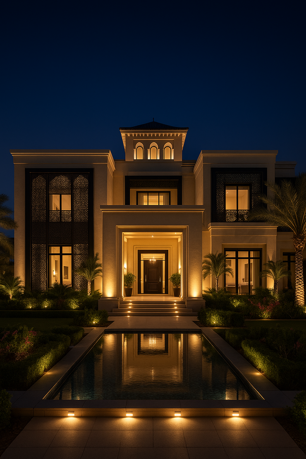 Grand illuminated luxury building with reflective pool