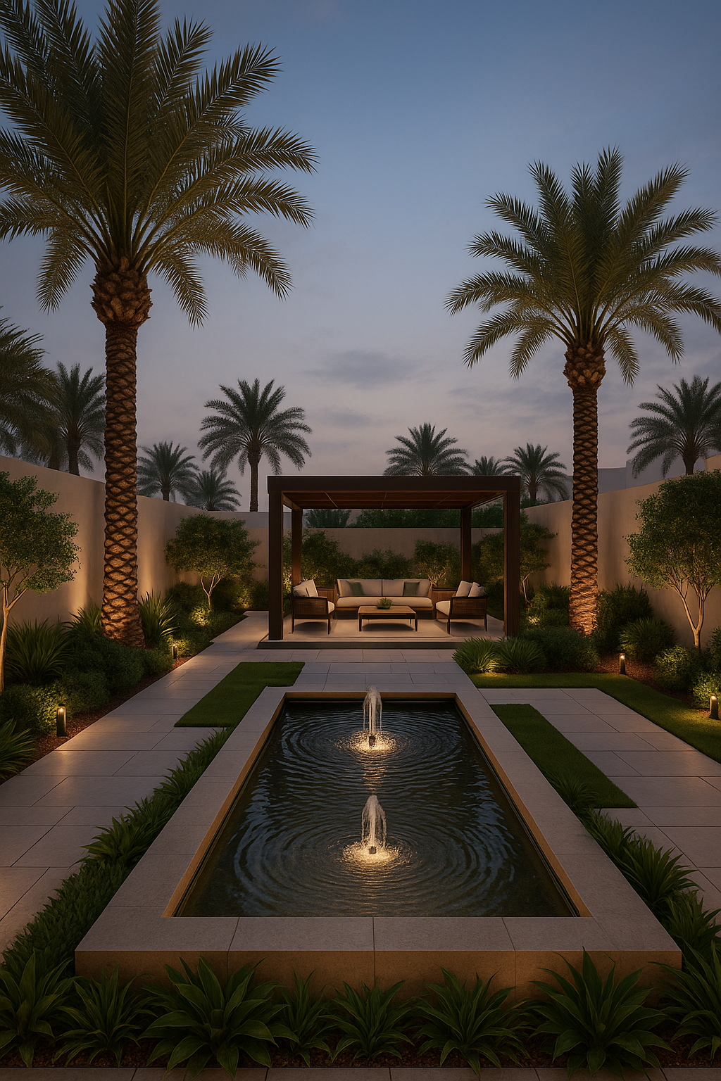 Beautiful luxury garden with water features and pergola