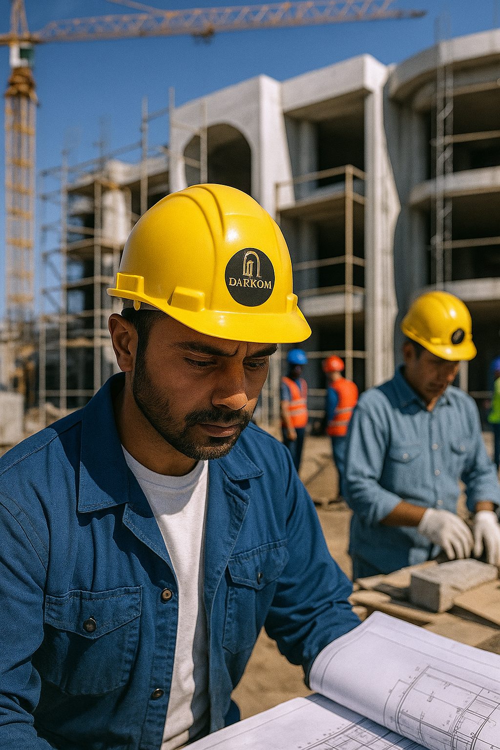 Professional construction worker reviewing blueprints