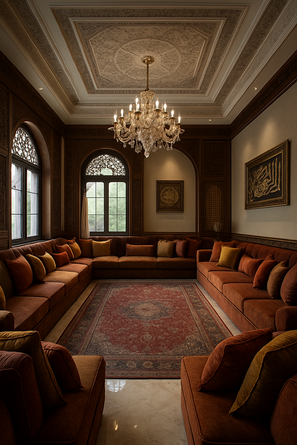 Lavish Middle Eastern living room with rich textures and chandelier